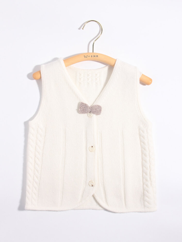 Kids Ivory Button-Up Cashmere Sweater Vest with Bow